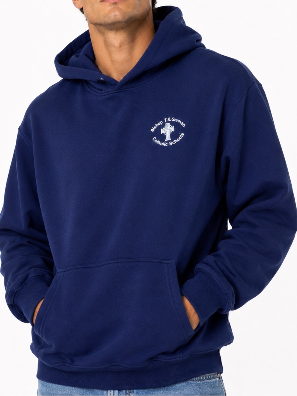 UNISEX Soffe Heavy Bishop Gorman Navy Blue & White Embroidered Hoodie Sweatshirt